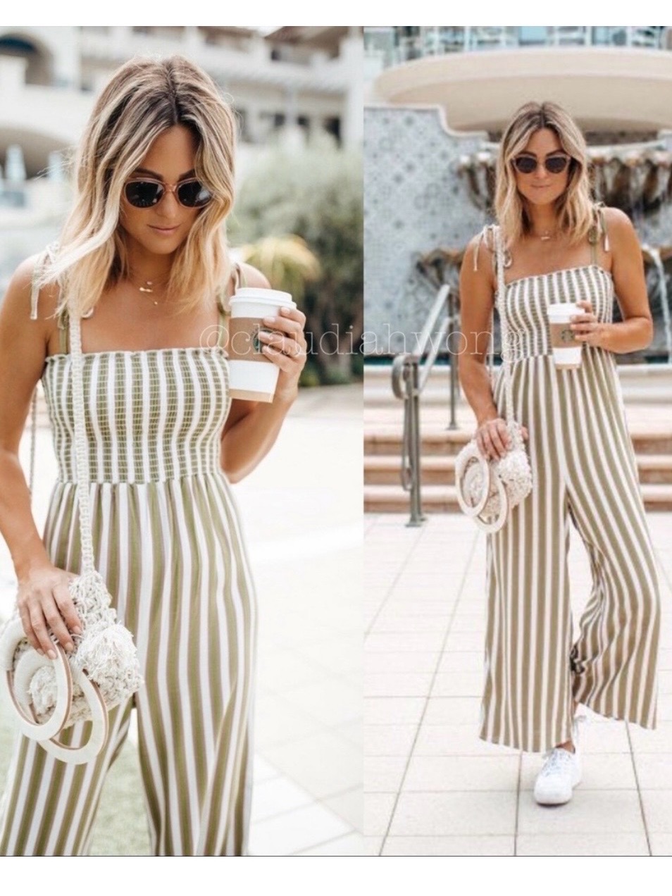 Show Me Your Mumu Olive/Tan/White Striped Smocked Jumpsuit Size L